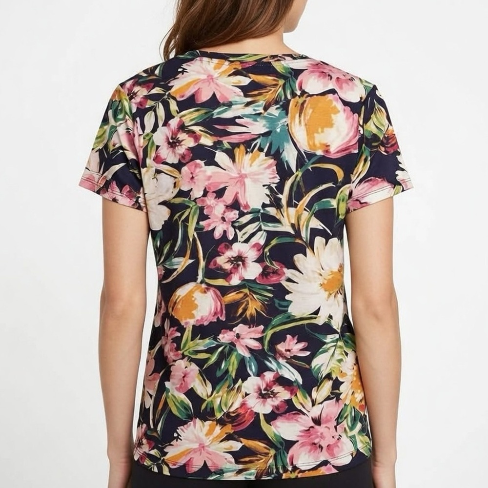 Anne Klein Sport Shirt Women’s Size Small Floral Henley Short Sleeve Top Cotton - Picture 2 of 3